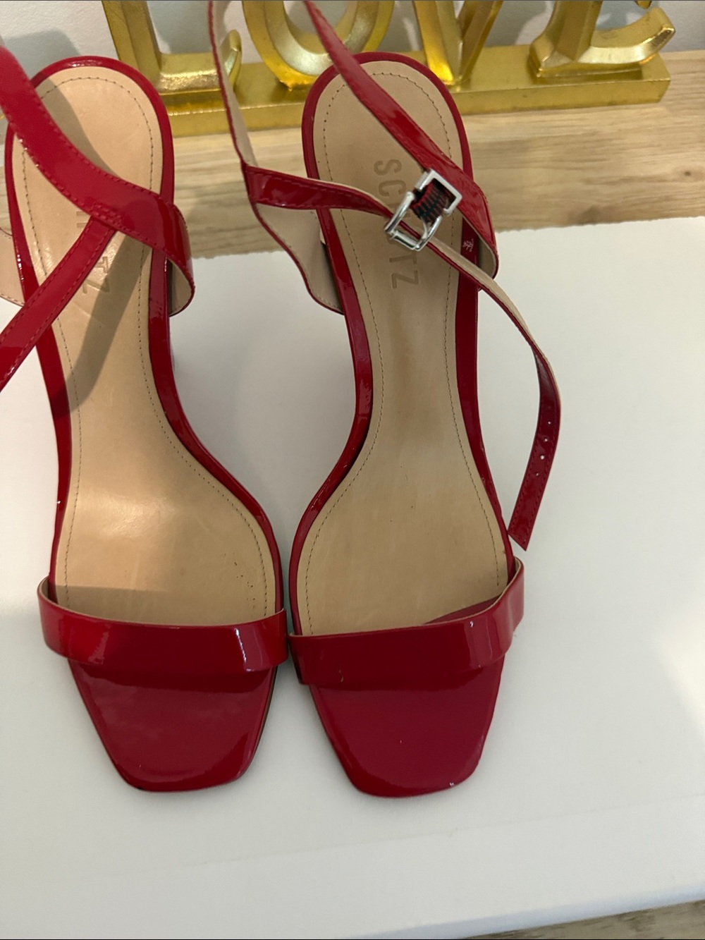 SCHUTZ Red Patent Crisscross Strap Heels